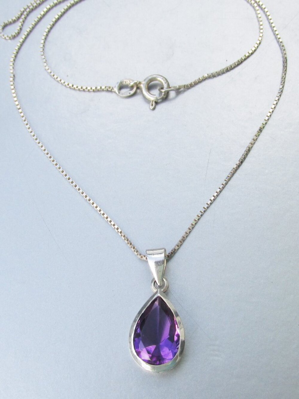 Sterling Silver Amethyst Purple Rhinestone Teardrop Pendant Vintage 18" Necklace